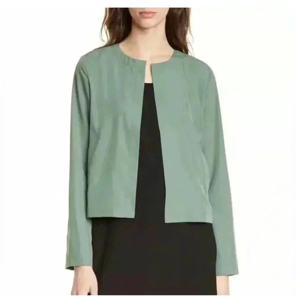 Eileen Fisher Women's Green Tencel Open Front Cropped Jacket Blazer size S